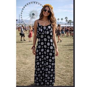Boho Maxi Dress Small Festival Tank Resort Ruffle Bodice Flowy Black White New